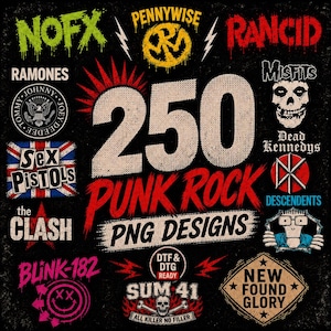 May include: A digital collection of 250 punk rock PNG designs featuring band logos and graphics for NOFX, Pennywise, Rancid, Ramones, Sex Pistols, Misfits, Dead Kennedys, Descendents, The Clash, Blink-182, Sum 41, and New Found Glory on a black background.