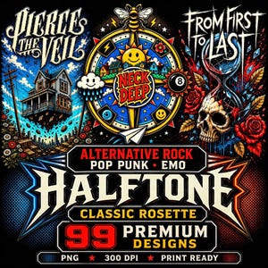 May include: A digital graphic collection featuring band logos Pierce The Veil and From First To Last, a central compass design with a bee, a house, a skull with roses, and text reading Alternative Rock, Pop Punk, Emo, Halftone, and 99 Premium Designs.