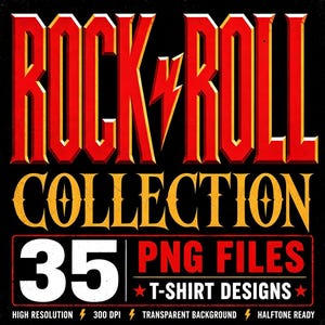 Paquete de 35 imágenes PNG de rock vintage / Diseños de camisetas inspirados en el rock / Ilustraciones listas para semitonos