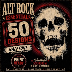 Peut inclure: Conception graphique de style vintage avec un crâne vieilli et le texte "ALT ROCK ESSENTIALS", "50 DESIGNS" et "PRINT READY". Le design utilise une palette de couleurs noire, rouge et blanc cassé. Style post-grunge des années 2000.