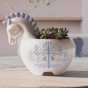 Ivory Ceramic Horse Planter, Handmade Cachepot with Light Blue Hand-Painted Tree of Life, Succulent & Flower Planter, Home Decor Gift