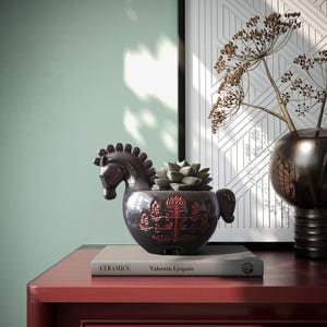 Black Clay Horse Planter, Ethnic Tree of Life Ornament, Handmade Ceramic Pot