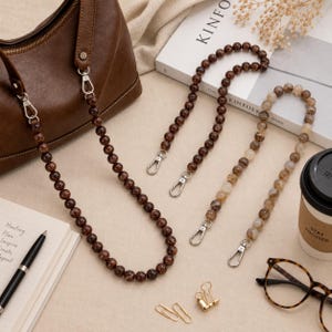 Handmade Brown Beaded Purse Strap, Flat Round Bead Bag Chain with Silver Clasps