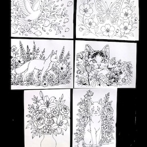 May include: Six black and white line art drawings on white paper. The drawings depict a dove, butterfly, fox, cat, vase of flowers, and a cat surrounded by flowers. Each drawing is detailed with floral and natural elements.