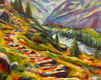 Mountain Trail - a painting of a trail leading to mountains. Outdoor adventure hiking trails art