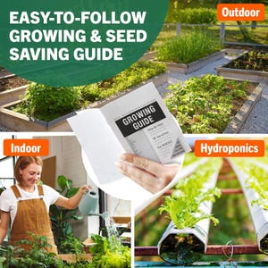 May include: An open book titled "Growing Guide" with the text "Easy-to-Follow Growing & Seed Saving Guide." The image shows indoor, outdoor, and hydroponic gardening methods. A woman waters plants indoors. Outdoor raised garden beds are also shown.