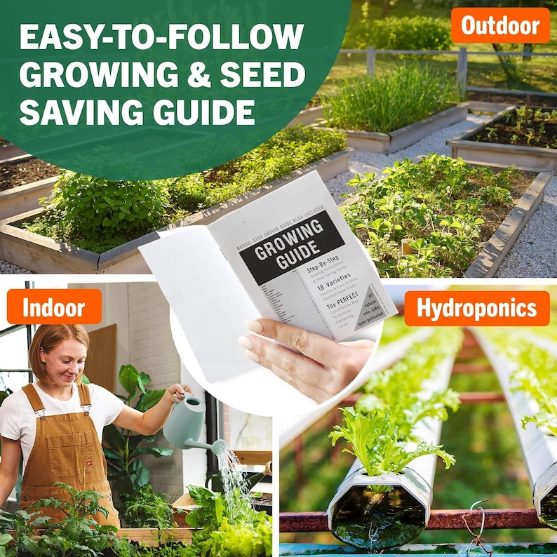 May include: An open book titled "Growing Guide" with the text "Easy-to-Follow Growing & Seed Saving Guide." The image shows indoor, outdoor, and hydroponic gardening methods. A woman waters plants indoors. Outdoor raised garden beds are also shown.