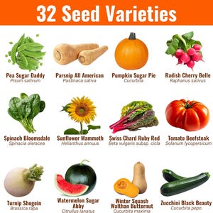 May include: An image showcasing 32 seed varieties, including vegetables and a sunflower. The image features a variety of produce such as peas, parsnips, pumpkins, radishes, spinach, tomatoes, watermelon, and zucchini. Text at the top reads "32 Seed Varieties."