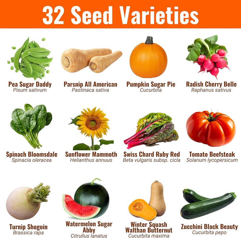 May include: An image showcasing 32 seed varieties, including vegetables and a sunflower. The image features a variety of produce such as peas, parsnips, pumpkins, radishes, spinach, tomatoes, watermelon, and zucchini. Text at the top reads "32 Seed Varieties."