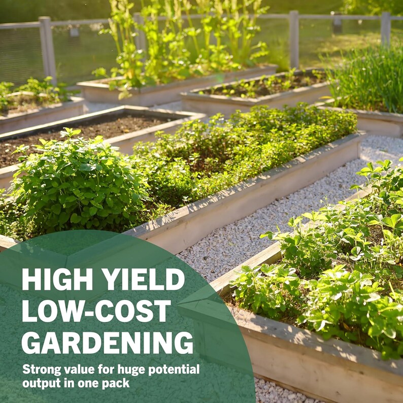 May include: A sunny image of a raised garden bed with lush green plants. The text "HIGH YIELD LOW-COST GARDENING" is overlaid on the image, along with the tagline "Strong value for huge potential output in one pack."