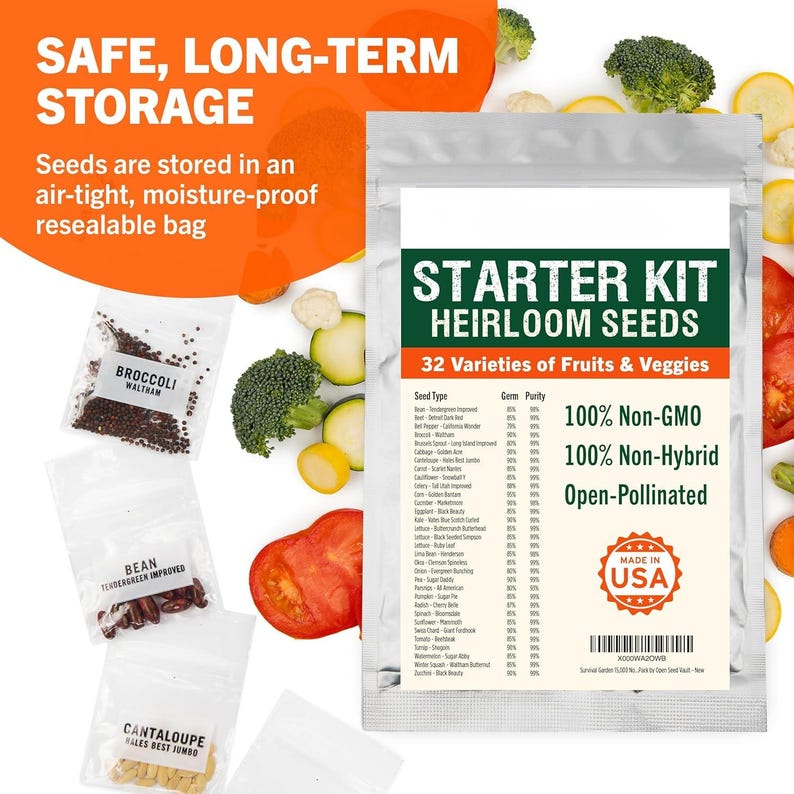 May include: A starter kit of heirloom seeds, featuring 32 varieties of fruits and vegetables. The kit includes individual packets of seeds for broccoli, beans, and cantaloupe. The packaging states the seeds are non-GMO, non-hybrid, and open-pollinated.