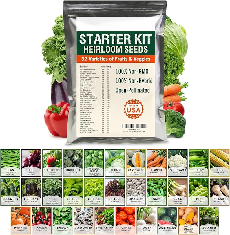 May include: A starter kit of heirloom seeds in a silver package. The package reads "Starter Kit Heirloom Seeds" and "32 Varieties of Fruits & Veggies." The image includes a variety of vegetables and fruits, including tomatoes, carrots, and zucchini.