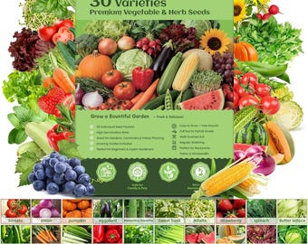 30 Varieties Heirloom Vegetable Seeds Kit, 15000+ Non GMO Garden Seeds Survival Pack