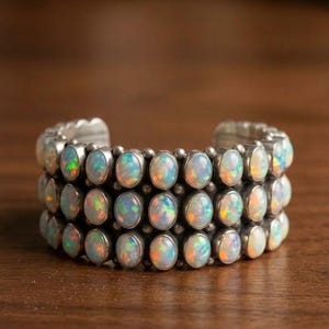 Opalarmring i sterlingsilver • Etiopisk opalarmring • Smycken med oktobers födelsesten • Äkta opalmanschettarmring • Welo-opal • Födelsedagspresent