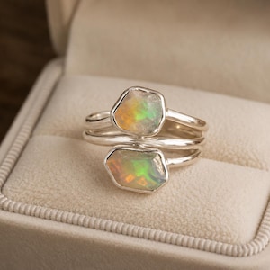 Raw Ethiopian Opal Bypass Ring, Sterling Silver Statement Jewelry, Adjustable Two Stone Ring, Unique Birthday Gift for Her