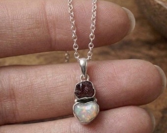 Raw Opal Garnet Pendant | Sterling Silver Pendant | Promise Pendant | Birthstone Jewelry | Gift For Her