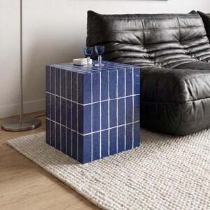 Mosaic Tile Cube Table in Blue - Handmade Square Pedestal - Mosaic Tile Stool - Coastal Modern Accent Furniture