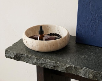 Natural Travertine Stone Tray - Round Organic Stone Jewelry Dish - Honed Stone Vanity Tray - Luxury Cream Stone Organizer
