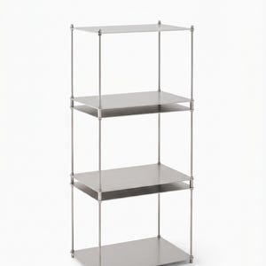 May include: A four-tiered, silver metal shelving unit. The shelves are rectangular and supported by thin, vertical poles at each corner. The unit stands on a white background, showcasing a minimalist design suitable for storage or display.