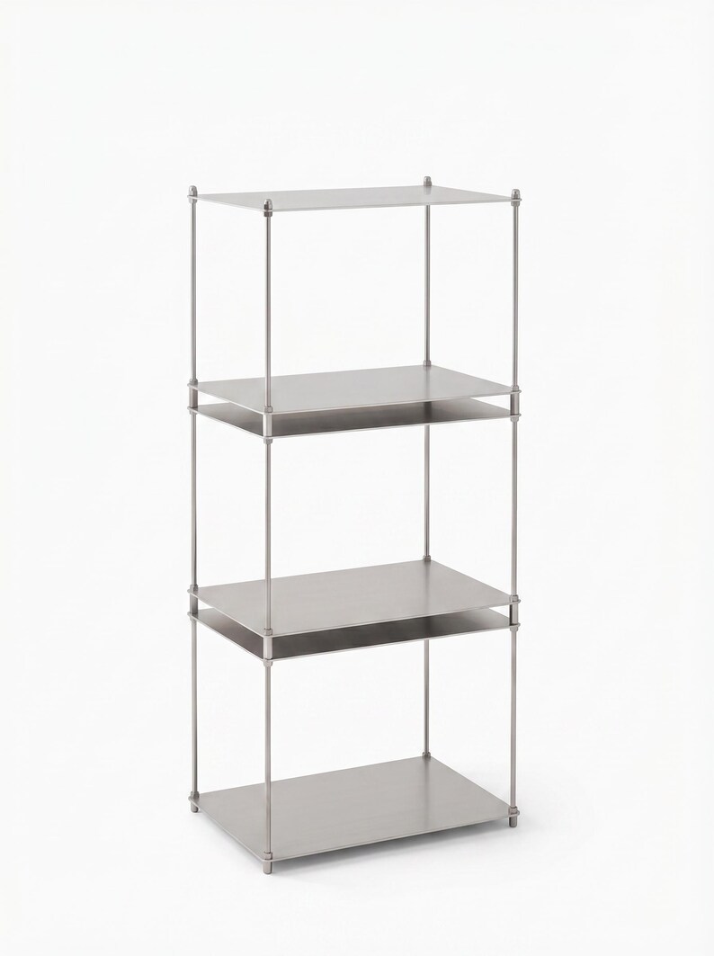 May include: A four-tiered, silver metal shelving unit. The shelves are rectangular and supported by thin, vertical poles at each corner. The unit stands on a white background, showcasing a minimalist design suitable for storage or display.