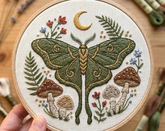 Luna Moth Embroidery Kit: Moon, Forest Mushrooms, Beginner DIY Craft (6-inch Hoop)