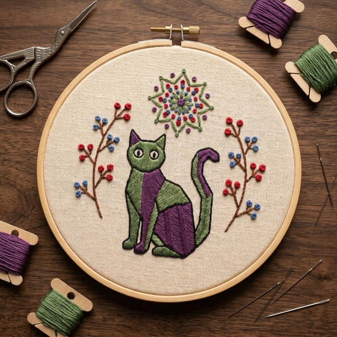 Geometric Handcraft Geometric Cat Embroidery Kit - Modern DIY Handcraft Gift for Cat Lovers ...