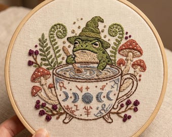 Wizard Frog Tea Embroidery Kit – Grumpy Toad Celestial Design, Cotton-Linen Fabric Art