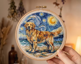 Kit de bordado Golden Retriever, Arte canino Noche estrellada, Aro de 6" y 8", Retrato de mascota al estilo Van Gogh, Manualidad de punto de aguja para principiantes, Amante de los animales