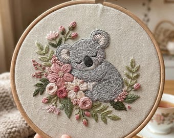 Koala Embroidery Kit – Sleeping Koala with Pink Flowers Nursery Decor, Beginner Craft Project