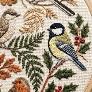 May include: Embroidered hoop art featuring detailed depictions of birds and foliage. The artwork showcases a variety of birds with intricate feather patterns, surrounded by embroidered leaves and berries in shades of green, brown, and orange. The background is a neutral fabric.