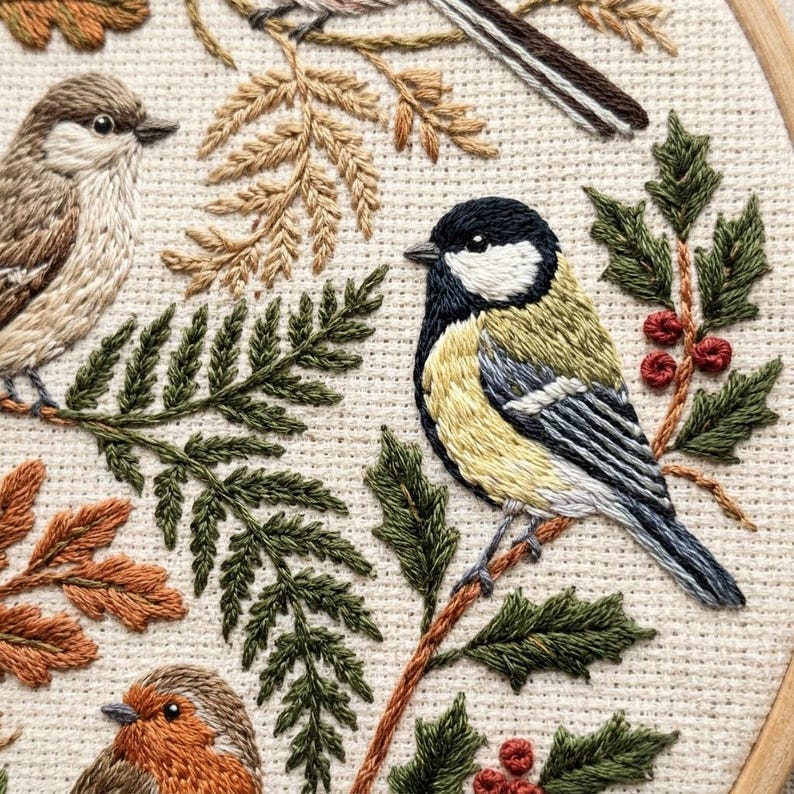 May include: Embroidered hoop art featuring detailed depictions of birds and foliage. The artwork showcases a variety of birds with intricate feather patterns, surrounded by embroidered leaves and berries in shades of green, brown, and orange. The background is a neutral fabric.