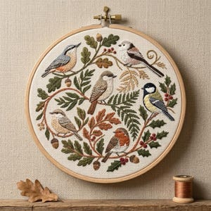 May include: A round embroidery hoop featuring six embroidered birds of various species, surrounded by detailed foliage in shades of green, brown, and orange. The birds are perched on branches with acorns and berries, all set against a cream-colored fabric.