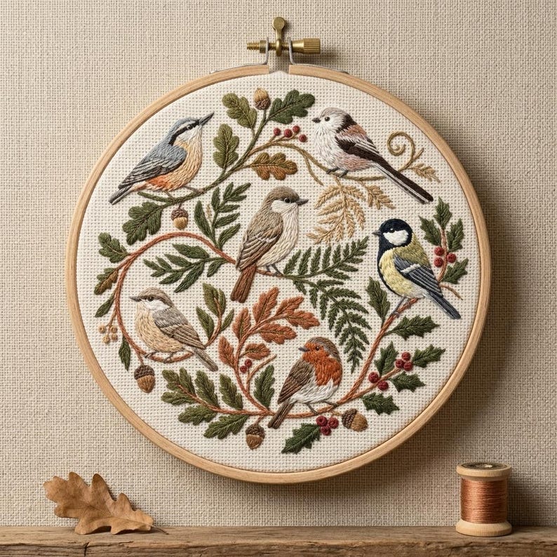 May include: A round embroidery hoop featuring six embroidered birds of various species, surrounded by detailed foliage in shades of green, brown, and orange. The birds are perched on branches with acorns and berries, all set against a cream-colored fabric.