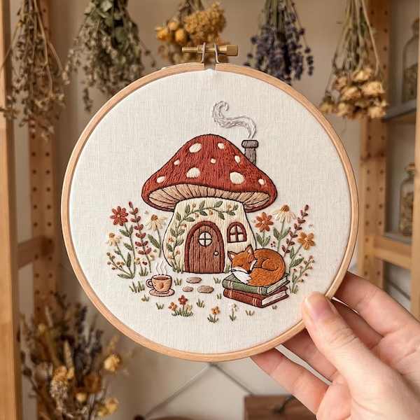 Pilz Stickerei Kit - Schlafender Fuchs Haus DIY Handwerk Geschenk - Cottagecore Woodland Hoop Art entspannendes Hobby