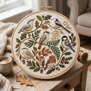 May include: A detailed embroidery hoop featuring six different birds perched on branches with leaves and berries. The birds are in shades of brown, gray, and yellow, with green and brown foliage. The embroidery is set in a wooden hoop.