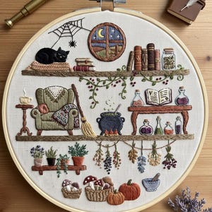 Puede incluir: Arte bordado en bastidor que representa una escena de brujas. Un gato negro descansa sobre una estantería con libros, una ventana con una luna creciente y una telaraña. Otras estanterías contienen un caldero, pociones, plantas y calabazas.
