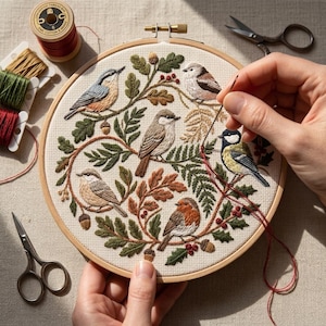 May include: Embroidered hoop art featuring six detailed birds amidst autumn foliage. The design includes acorns, berries, and various leaf types, all stitched in shades of brown, green, and orange. A wooden embroidery hoop holds the artwork.