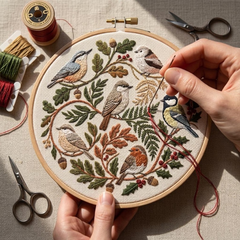 May include: Embroidered hoop art featuring six detailed birds amidst autumn foliage. The design includes acorns, berries, and various leaf types, all stitched in shades of brown, green, and orange. A wooden embroidery hoop holds the artwork.