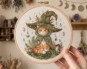 Kit de bordado Gato Bruja del Bosque / Manualidad Gato Naranja con Hongos / Decoración Cottagecore para principiantes / Regalo para amantes de los gatos con temática de brujas
