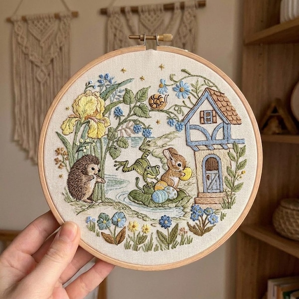 Stickset „Waldhaus“, niedliches Igel- und Hasenmotiv, Wanddeko im Cottagecore-Stil