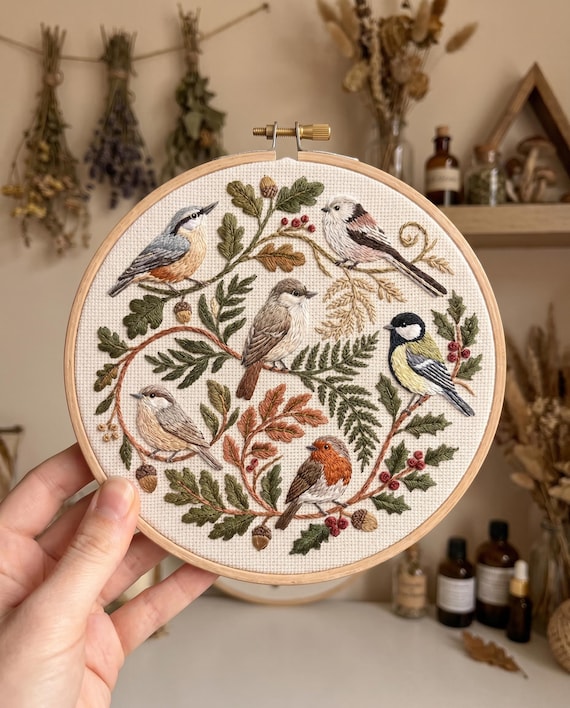 Bird Embroidery Kit – Six Garden Birds, Oak Leaves, Woodland Nature Decor