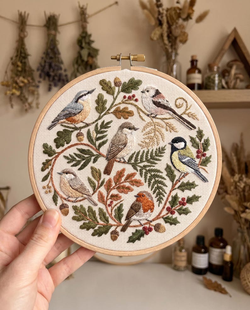 May include: A round embroidery hoop featuring a detailed depiction of several birds perched on branches with leaves and acorns. The birds have various colors, including blue, brown, and yellow. The embroidery is set against a cream-colored fabric.