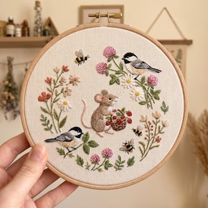 Mouse Strawberry Meadow Embroidery Kit – Chickadee, Bee, Cottagecore Decor