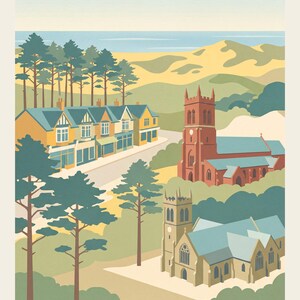 Puede incluir: Un póster de viaje con una ilustración de Formby que muestra una hilera de casas amarillas, una iglesia de ladrillo rojo y una iglesia de piedra entre pinos verdes y dunas de arena bajo un cielo despejado. La palabra FORMBY aparece abajo.