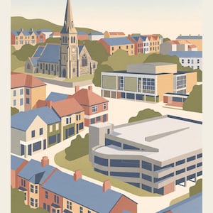 May include: A stylized graphic art print of the town of Gosforth, featuring a tall church spire, multi-story buildings, and residential houses with blue roofs. The scene is rendered in a flat, muted color palette with the text GOSFORTH at the bottom.