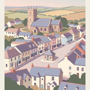 May include: A digital art print depicting the town of Modbury with a central church, various houses with pitched roofs, and a small square building in the middle of the street. The scene features a soft colour palette of beige, blue, and pink.