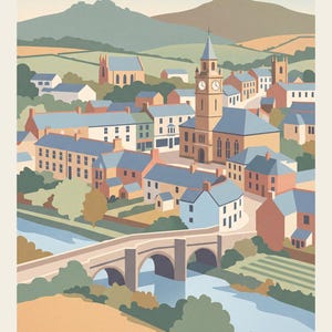 May include: A flat-style illustration of the town of Camelford, featuring a stone bridge over a river in the foreground, a central clock tower, and various houses with blue roofs nestled against a backdrop of rolling hills under a clear sky.