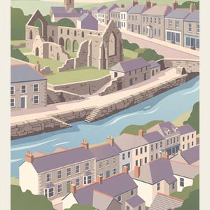 May include: A digital illustration of the town of Penryn featuring a river flowing through the center, stone buildings with gray roofs, and the ruins of a historic structure. The word PENRYN is printed in black capital letters at the bottom.