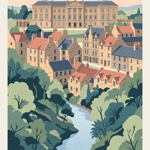 May include: A flat-style illustration of Dalkeith featuring a large stone mansion in the background, a cluster of tan buildings with red roofs in the mid-ground, and a winding blue river surrounded by green trees in the foreground, with the text DALKEITH.