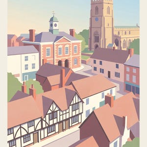 May include: A digital illustration of the town of Alcester featuring a high-angle view of buildings with red-tiled roofs, a prominent church tower, and a central brick building with a cupola. The word ALCESTER is printed in black at the bottom.